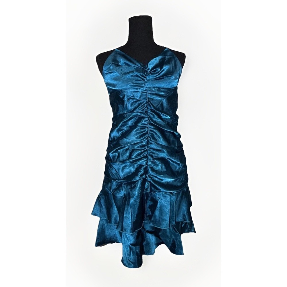 VTG 80s Teal Satin Ruched Halter Ruffle Mini‎ Dress Size 8 Medium Spring Formal